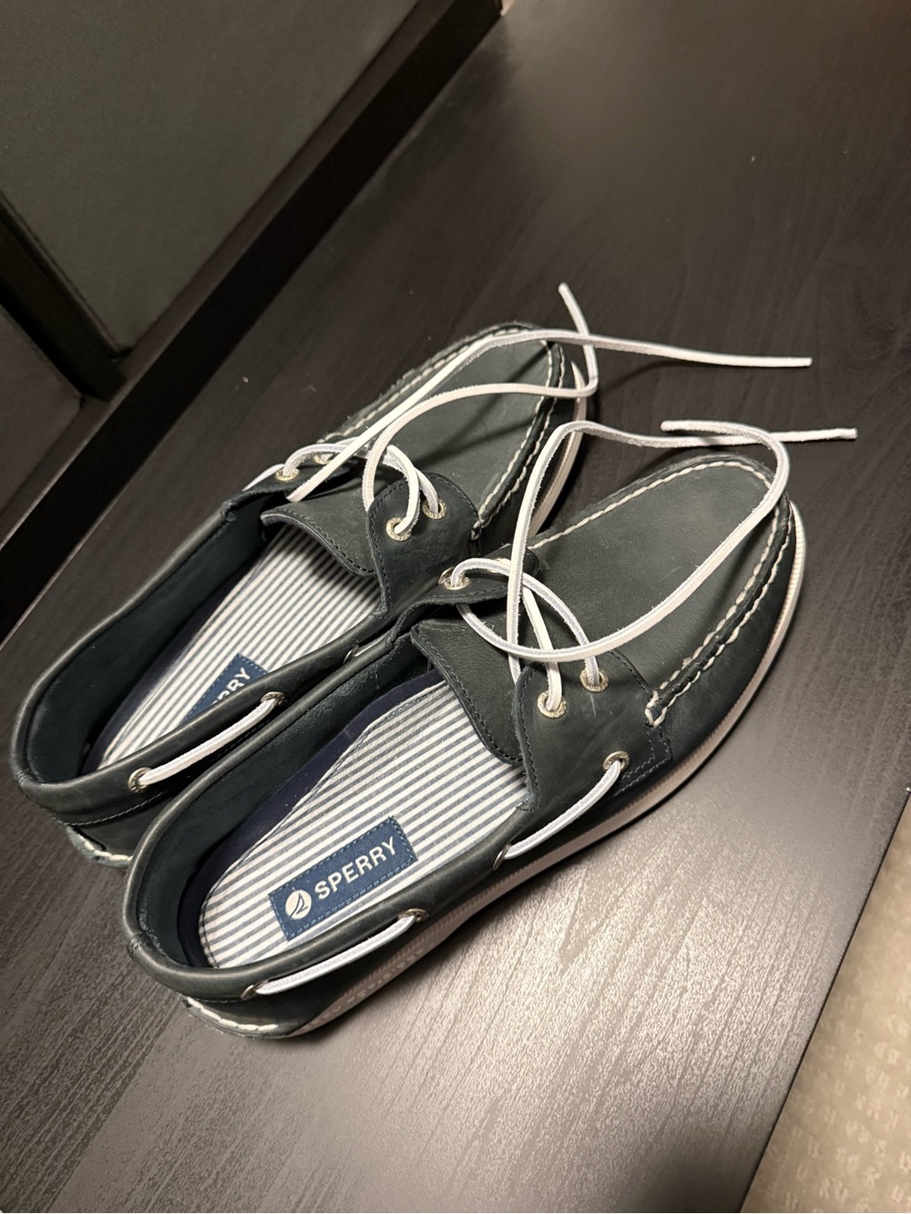 Sperry Topsider- Navy Boat Shoes with White Laces - Picture 5 of 8